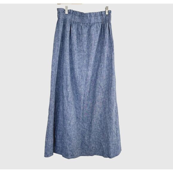 Express Skirt Size S Maxi Chambray Linen Skirt Blue Front Slit‎ Elastic Pull On - Picture 2 of 10